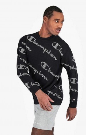 Champion All-Over Çizgili Effect Script Logo Print Sweatshirt Erkek Tişörtü Siyah | 2437-ZJQBN