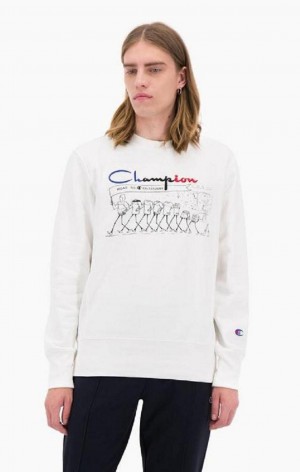 Champion Archive Print Reverse Weave Sweatshirt Erkek Tişörtü Beyaz | 7021-PFRHX