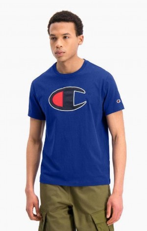 Champion Big C Crew Neck T-Shirt Erkek Tişört Mavi | 2607-XOWIG