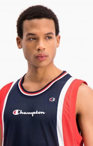 Champion Colour Block And Stripe Mesh Basketball Vest Erkek Tişört Koyu Turkuaz | 8921-GOQPC