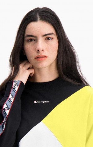 Champion Colour Block Logo Tape Sweatshirt Kadın Tişörtü Siyah Beyaz | 7493-NUQXP