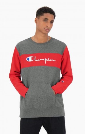 Champion Colour Block Reverse Weave Sweatshirt Erkek Tişörtü Koyu Gri | 1743-FRNQZ