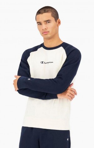 Champion Colour Block Script Logo Sweatshirt Erkek Tişörtü Koyu Mavi | 3590-ODTAL