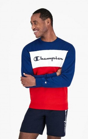 Champion Colour Block Script Logo Sweatshirt Erkek Tişörtü Mavi | 8953-IBUSK