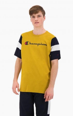 Champion Colour Block Script Logo T-Shirt Erkek Tişört Altın | 3810-LHUWZ