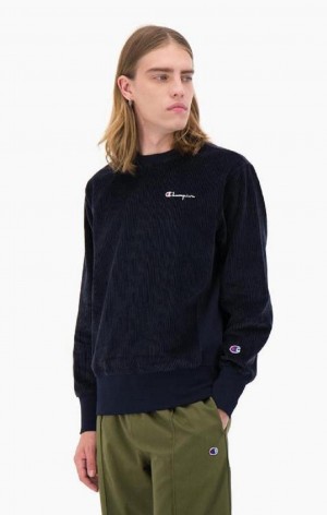 Champion Corduroy Small Script Logo Sweatshirt Erkek Tişörtü Koyu Mavi | 6982-OPVKA