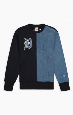 Champion Detroit MLB Denim + Reverse Weave Sweatshirt Erkek Tişörtü Koyu Mavi | 8590-CHFSB