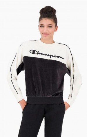 Champion Embroidered Logo Velour Sweatshirt Kadın Tişörtü Siyah | 3152-SQLJZ