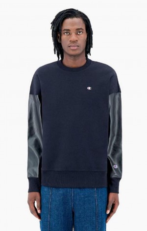 Champion Faux Deri Panel Reverse Weave Sweatshirt Erkek Tişörtü Siyah | 0325-LRQVB