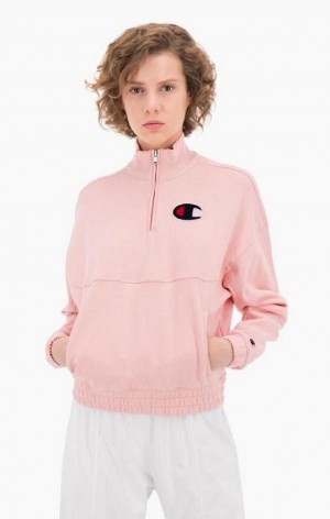 Champion Half Zip-Up Fleece Velvet C Sweatshirt Kadın Tişörtü Pembe | 6913-GLQYO