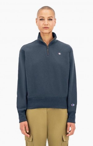 Champion Half Zip-Up Reverse Weave Cropped Sweatshirt Kadın Tişörtü Koyu Turkuaz | 2973-DWJOG