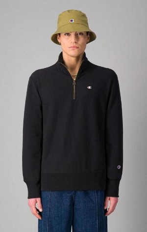 Champion Half Zip-Up Reverse Weave Sweatshirt Erkek Tişörtü Siyah | 2980-IFLNY