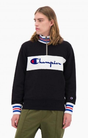 Champion Half Zip-Up Script Logo Sweatshirt Erkek Tişörtü Siyah | 1549-XBZAS