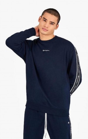 Champion Jacquard Logo Tape Sweatshirt Erkek Tişörtü Koyu Mavi | 1479-GRWMP