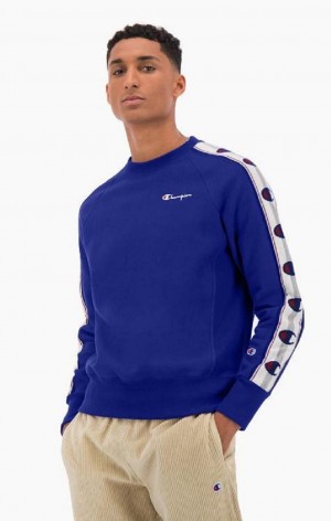 Champion Jacquard Logo Tape Sweatshirt Erkek Tişörtü Mavi | 1283-RJXPG