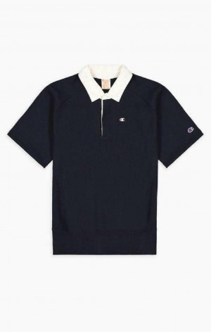 Champion Kısa Sleeve Reverse Weave Polo Sweatshirt Erkek Tişörtü Siyah | 6725-NROZE