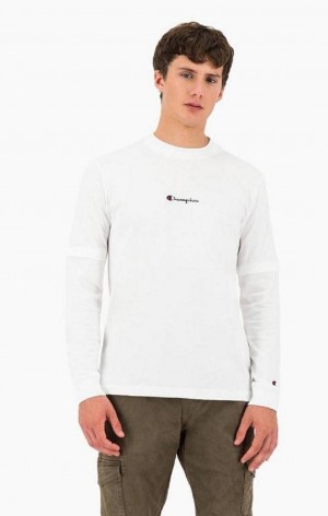 Champion Layered Small Script Logo T-Shirt Erkek Tişört Beyaz | 9786-CUQVH