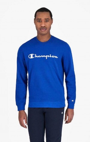 Champion Mesh Effect Script Logo Sweatshirt Erkek Tişörtü Mavi | 8792-WLFKV