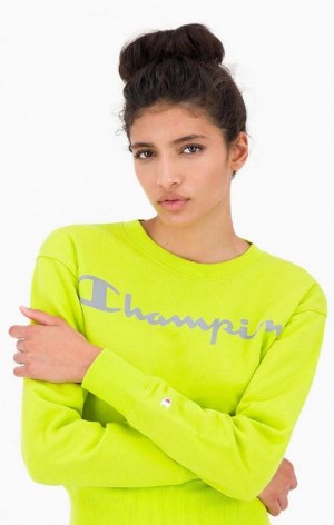 Champion Reflective Logo Fleece Sweatshirt Kadın Tişörtü Zeytin Yeşili Yeşil | 6194-ZWYXQ