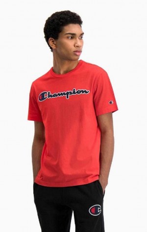 Champion Satin Script Logo T-Shirt Erkek Tişört Kırmızı | 3410-NSMDY