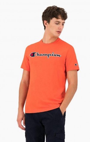 Champion Satin Stitch Script Logo T-Shirt Erkek Tişört Kırmızı | 1754-ZXDMA