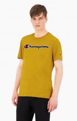 Champion Script Logo Crew Neck T-Shirt Erkek Tişört Altın | 9748-NKCFO