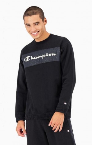 Champion Script Logo Insert Fleece Sweatshirt Erkek Tişörtü Siyah | 6123-QDTCW