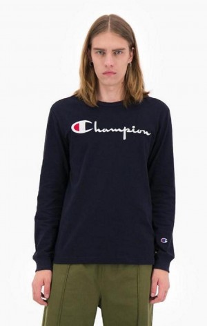 Champion Script Logo Jersey Sweatshirt Erkek Tişörtü Koyu Mavi | 3269-ZPCUG