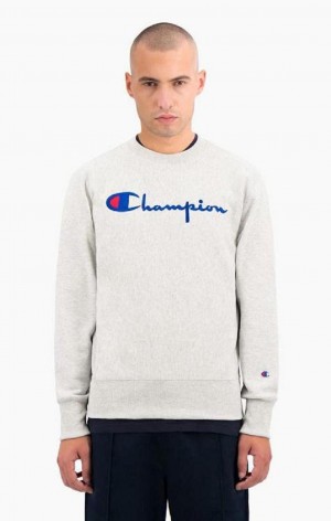 Champion Script Logo Reverse Weave Sweatshirt Erkek Tişörtü Gri | 0942-TYHUV