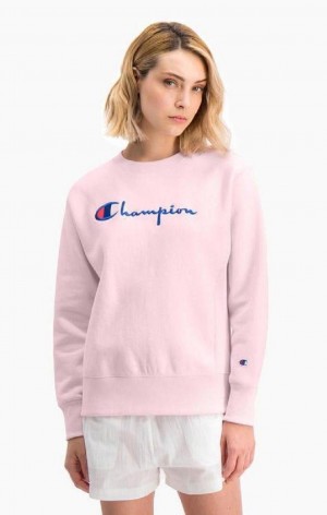 Champion Script Logo Reverse Weave Sweatshirt Kadın Tişörtü Pembe | 5487-KONSU