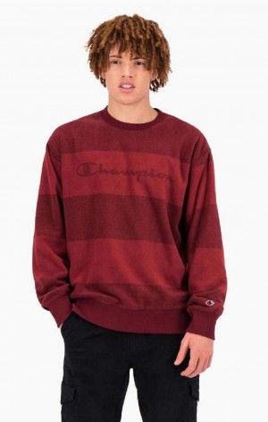 Champion Tonal Stripe Script Logo Fleece Sweatshirt Erkek Tişörtü Bordo | 6028-OPLXZ