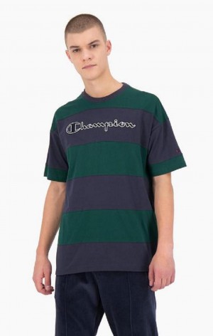 Champion Çizgili Script Logo T-Shirt Erkek Tişört Yeşil | 4108-PNGXC