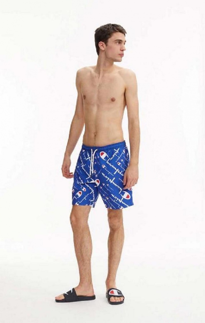 Champion All-over Script Logo Print Board Shorts Erkek Mayo Mavi | 6527-IWXTH