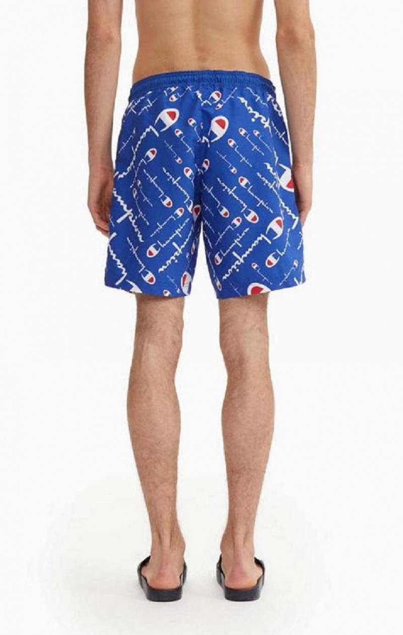 Champion All-over Script Logo Print Board Shorts Erkek Mayo Mavi | 6527-IWXTH