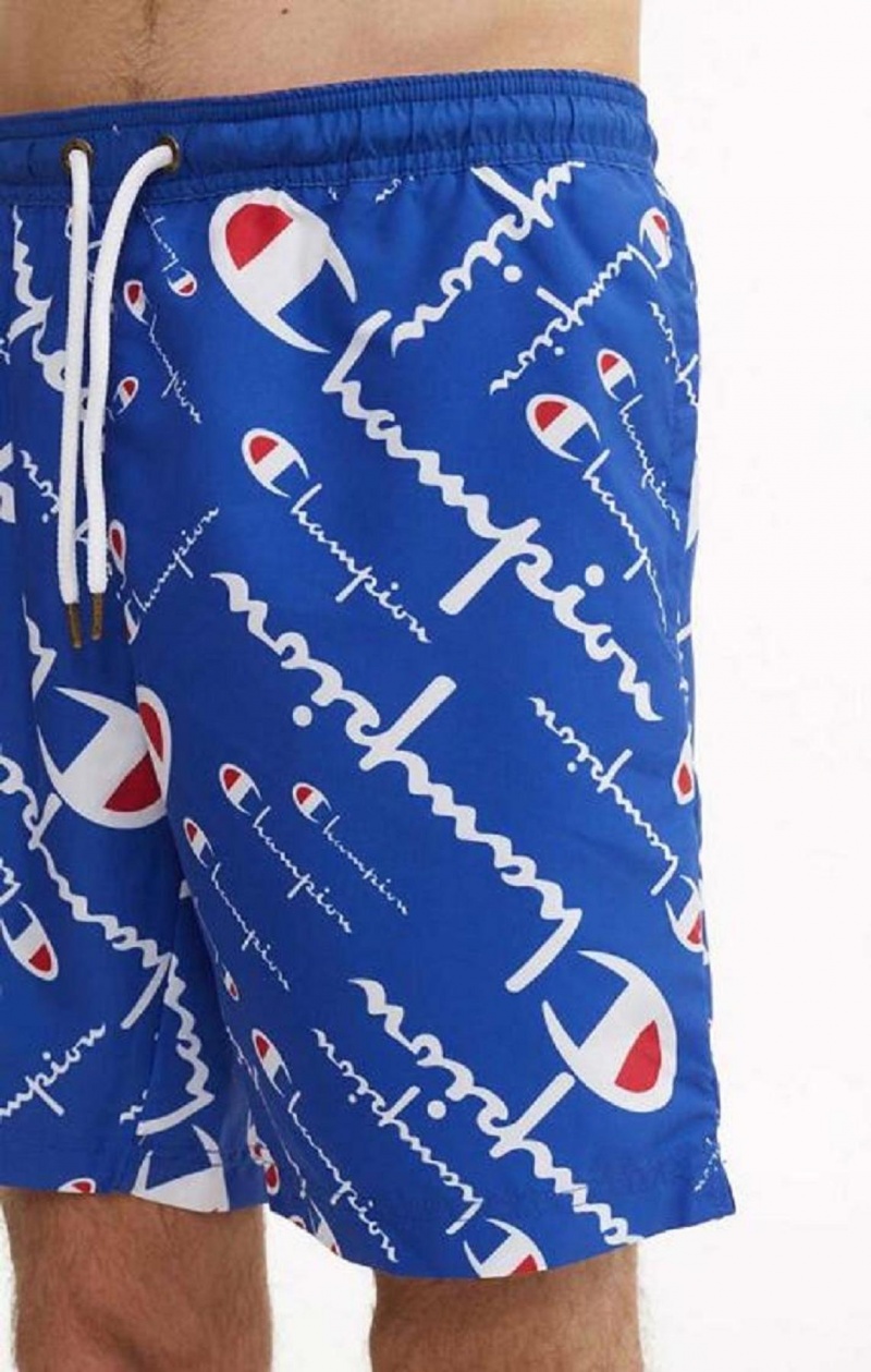 Champion All-over Script Logo Print Board Shorts Erkek Mayo Mavi | 6527-IWXTH