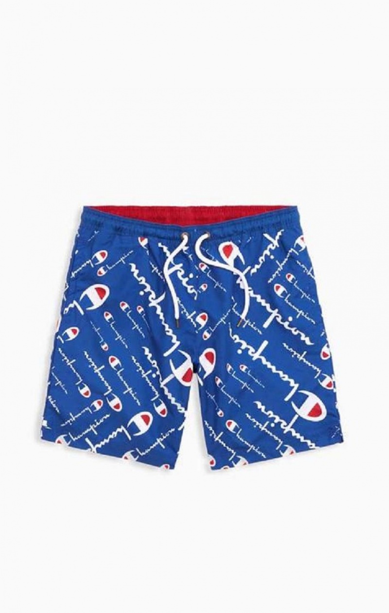 Champion All-over Script Logo Print Board Shorts Erkek Mayo Mavi | 6527-IWXTH