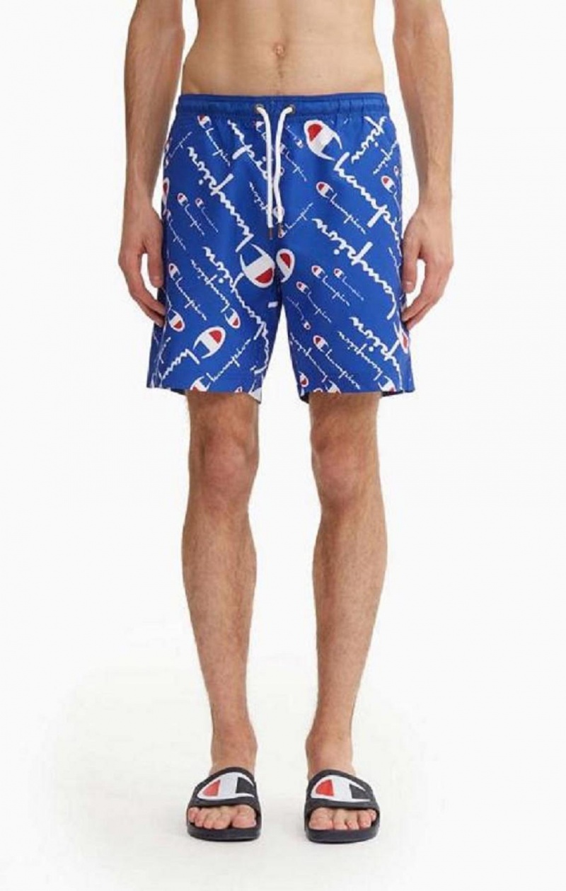 Champion All-over Script Logo Print Board Shorts Erkek Mayo Mavi | 6527-IWXTH