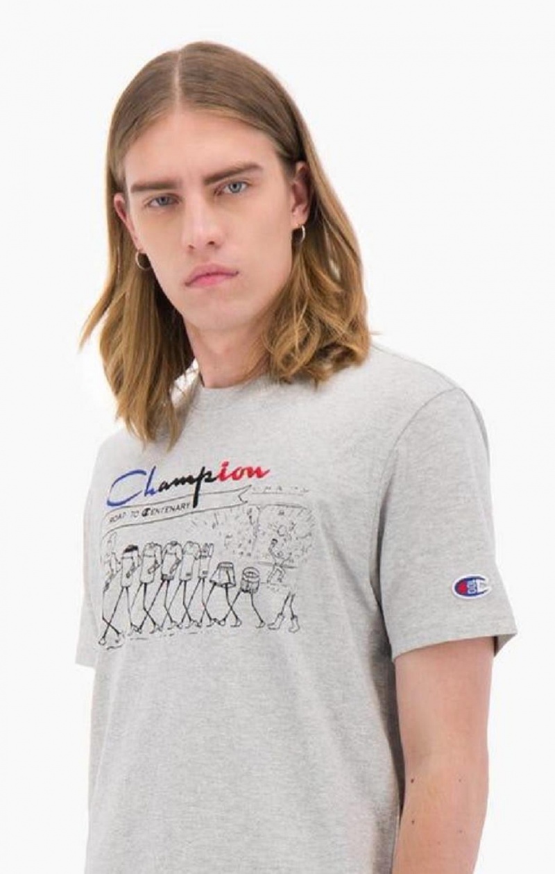 Champion Archive Centenary Print T-Shirt Erkek Tişört Açık Gri | 2147-FMQJC