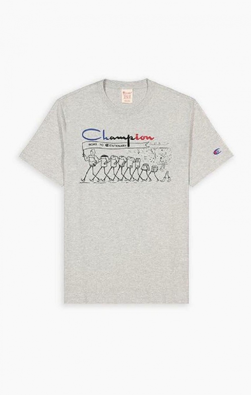 Champion Archive Centenary Print T-Shirt Erkek Tişört Açık Gri | 2147-FMQJC