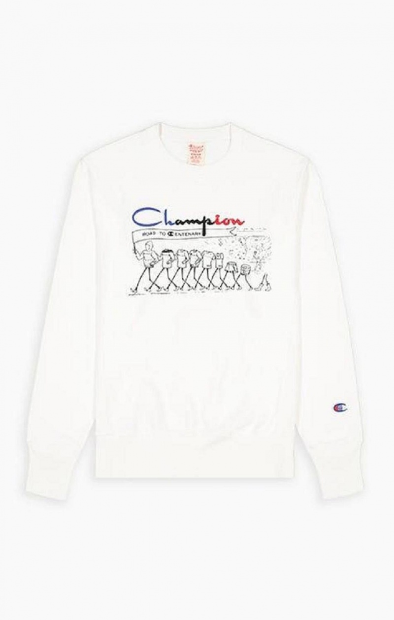 Champion Archive Print Reverse Weave Sweatshirt Erkek Tişörtü Beyaz | 7021-PFRHX