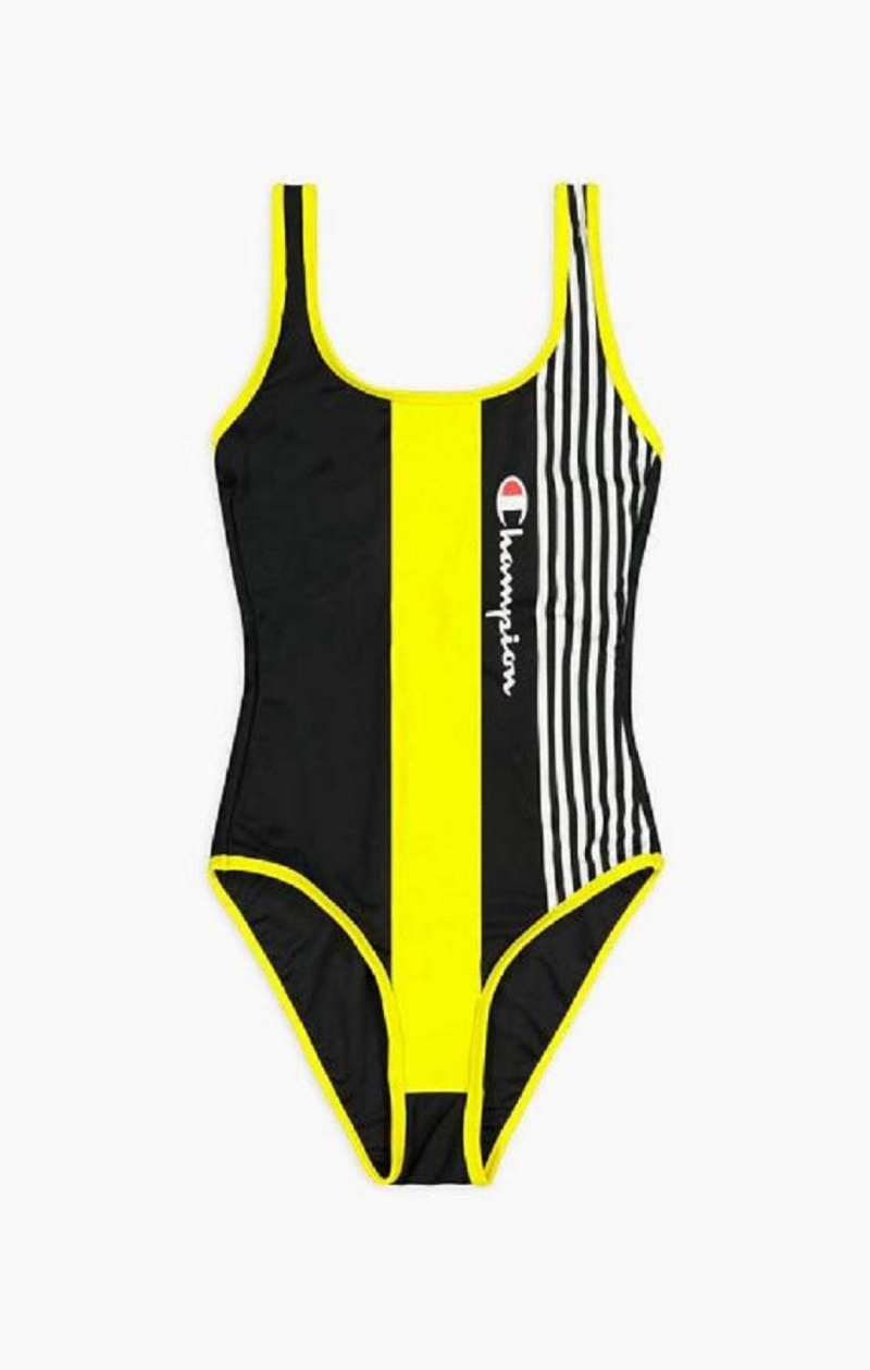 Champion Baskılı Stripe Logo Scoop Back Swimsuit Kadın Mayo Siyah | 9012-ZSHGT