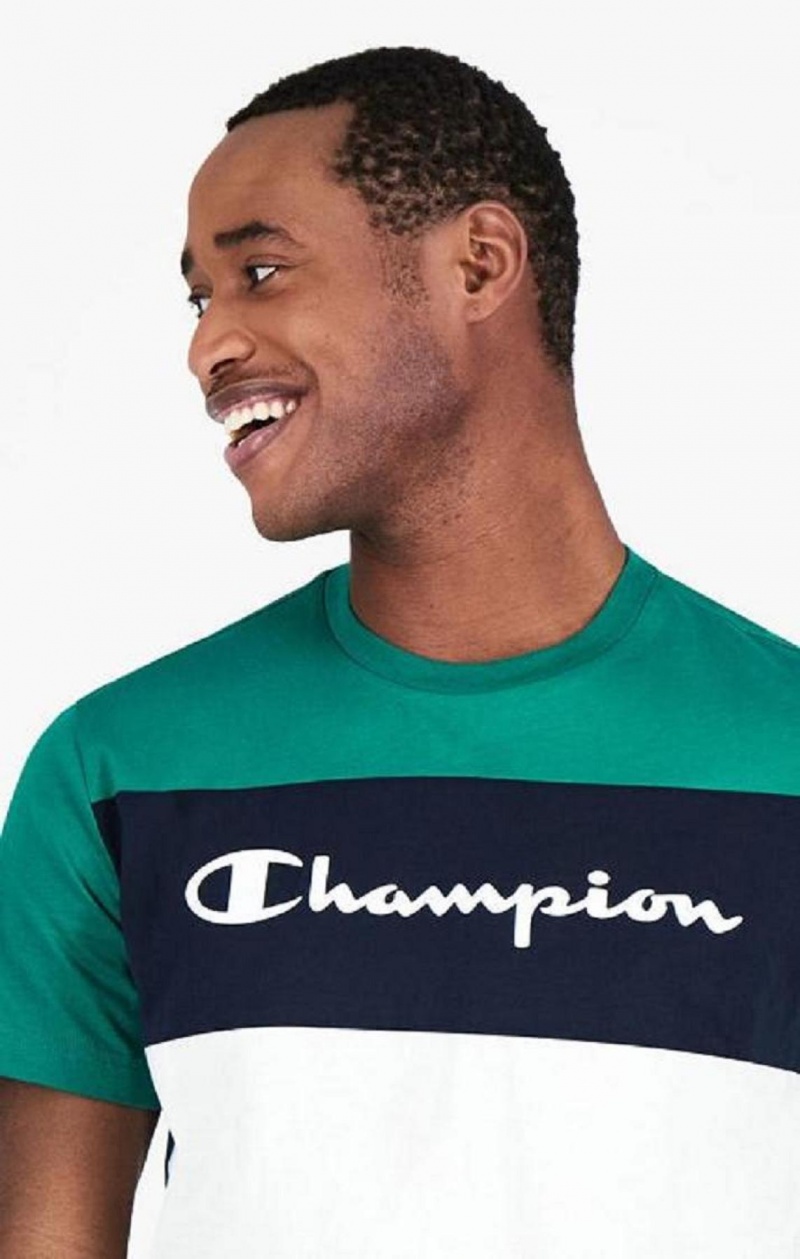 Champion Colour Block Script Logo T-Shirt Erkek Tişört Açık Yeşil | 2413-NLWXZ