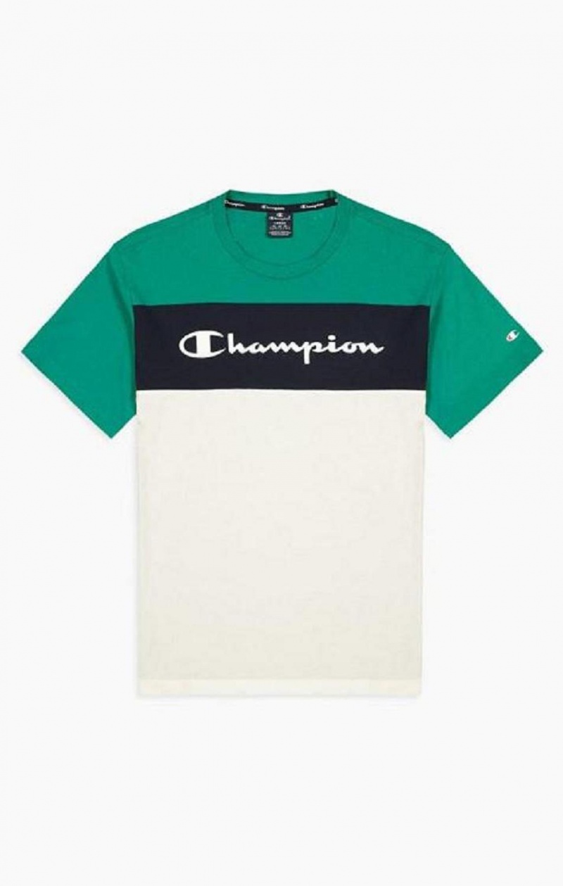 Champion Colour Block Script Logo T-Shirt Erkek Tişört Açık Yeşil | 2413-NLWXZ