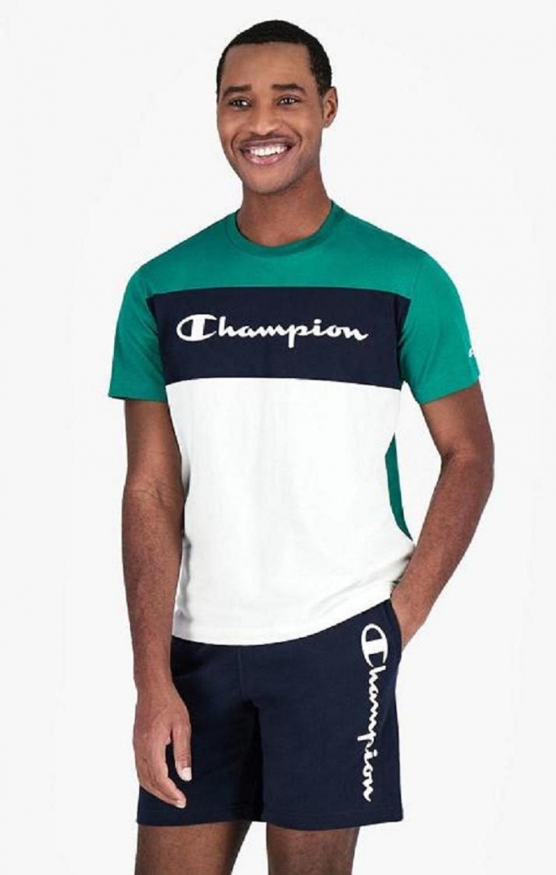 Champion Colour Block Script Logo T-Shirt Erkek Tişört Açık Yeşil | 2413-NLWXZ