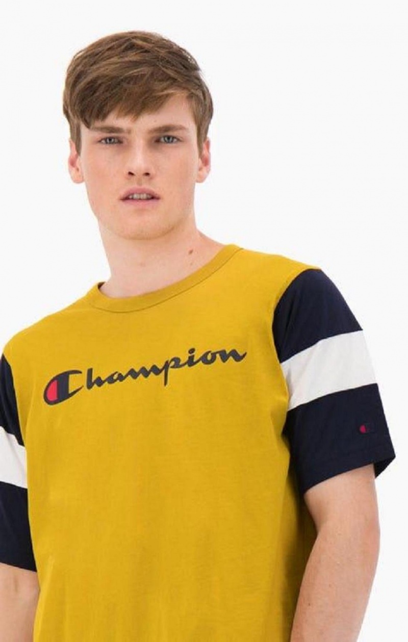 Champion Colour Block Script Logo T-Shirt Erkek Tişört Altın | 3810-LHUWZ