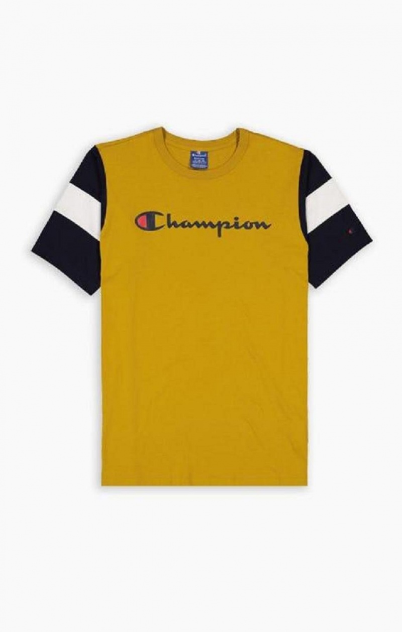 Champion Colour Block Script Logo T-Shirt Erkek Tişört Altın | 3810-LHUWZ