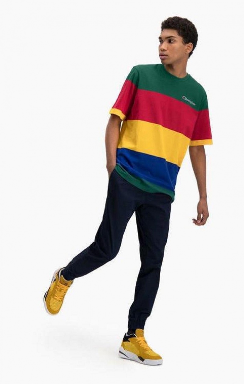 Champion Colour Block Stripe T-Shirt Erkek Tişört Yeşil Kırmızı Sarı | 0562-KFQYO