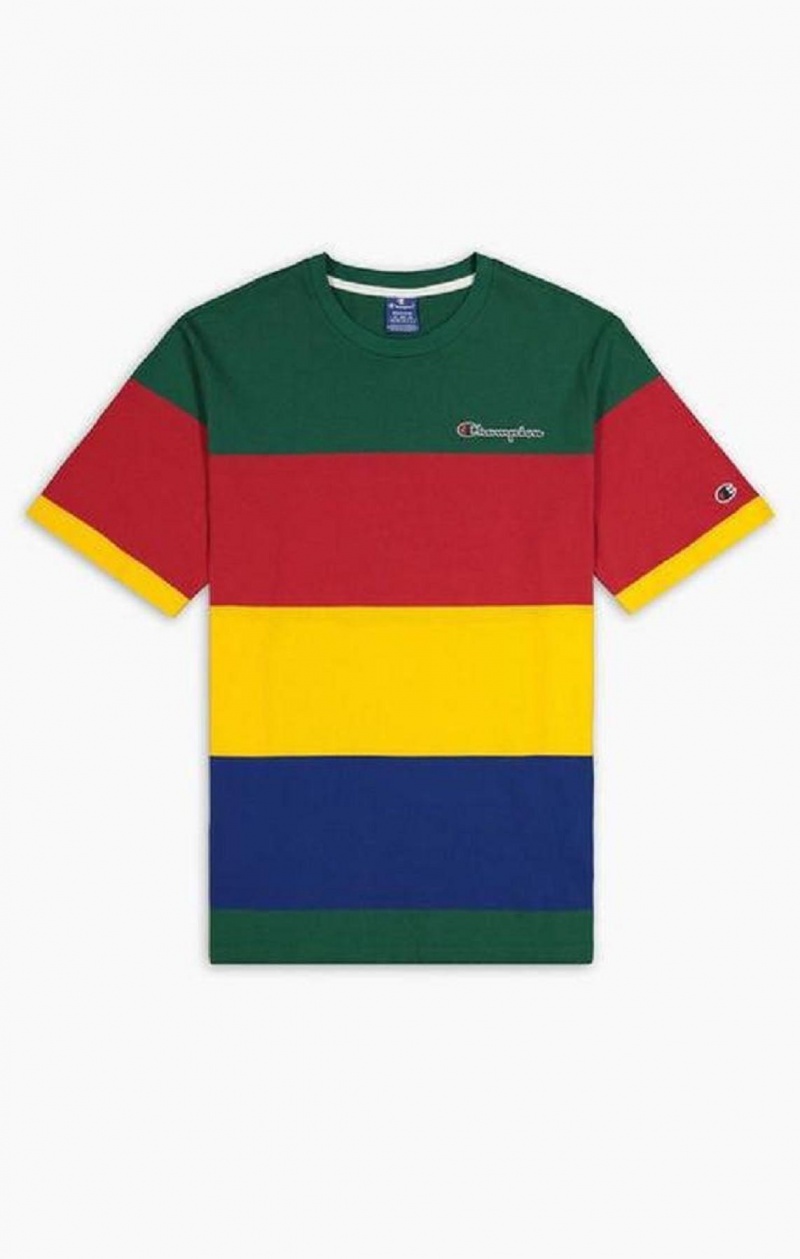 Champion Colour Block Stripe T-Shirt Erkek Tişört Yeşil Kırmızı Sarı | 0562-KFQYO