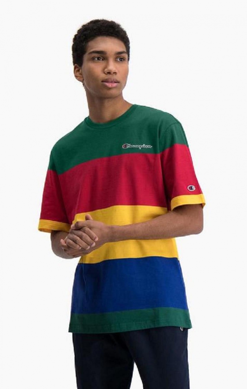 Champion Colour Block Stripe T-Shirt Erkek Tişört Yeşil Kırmızı Sarı | 0562-KFQYO