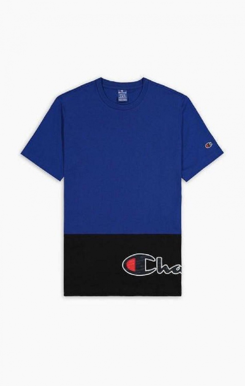 Champion Colour Block Wraparound Logo T-Shirt Erkek Tişört Mavi | 0745-WBHQM